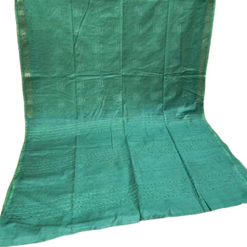 Ladies Green Plain Silk Staple Madhubani Hand Saree