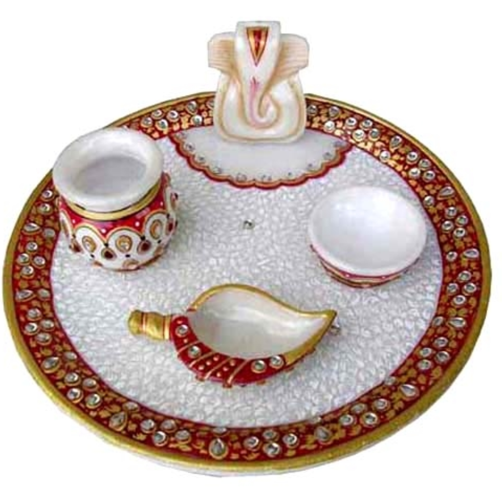 White Marble Designer Pooja Thali