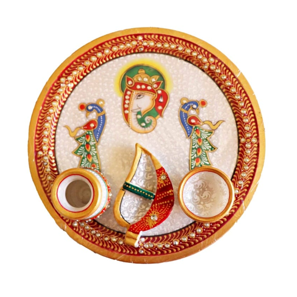 White Marble Designer Pooja Thali