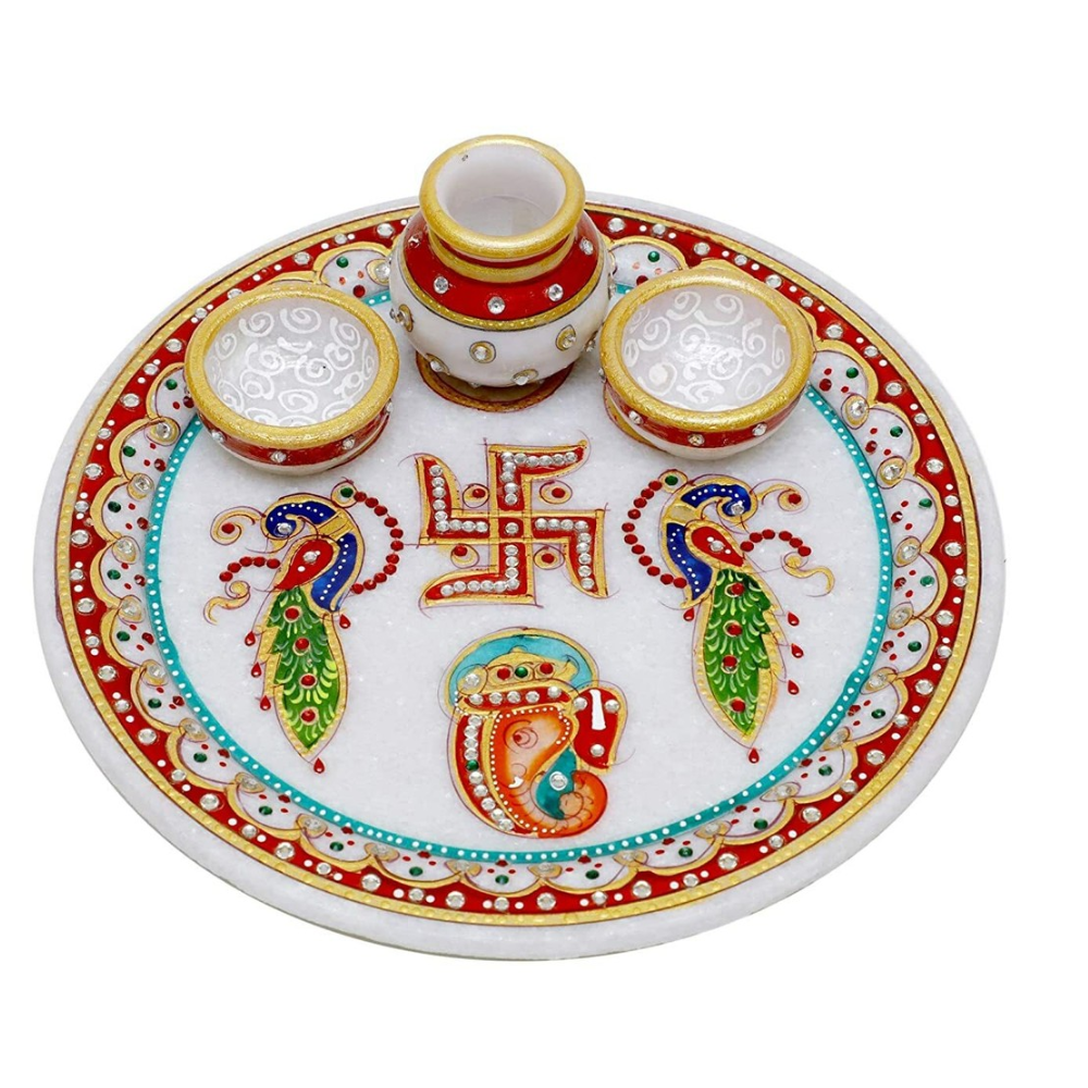 Designer Marble Pooja Thali - Color: Multi-color