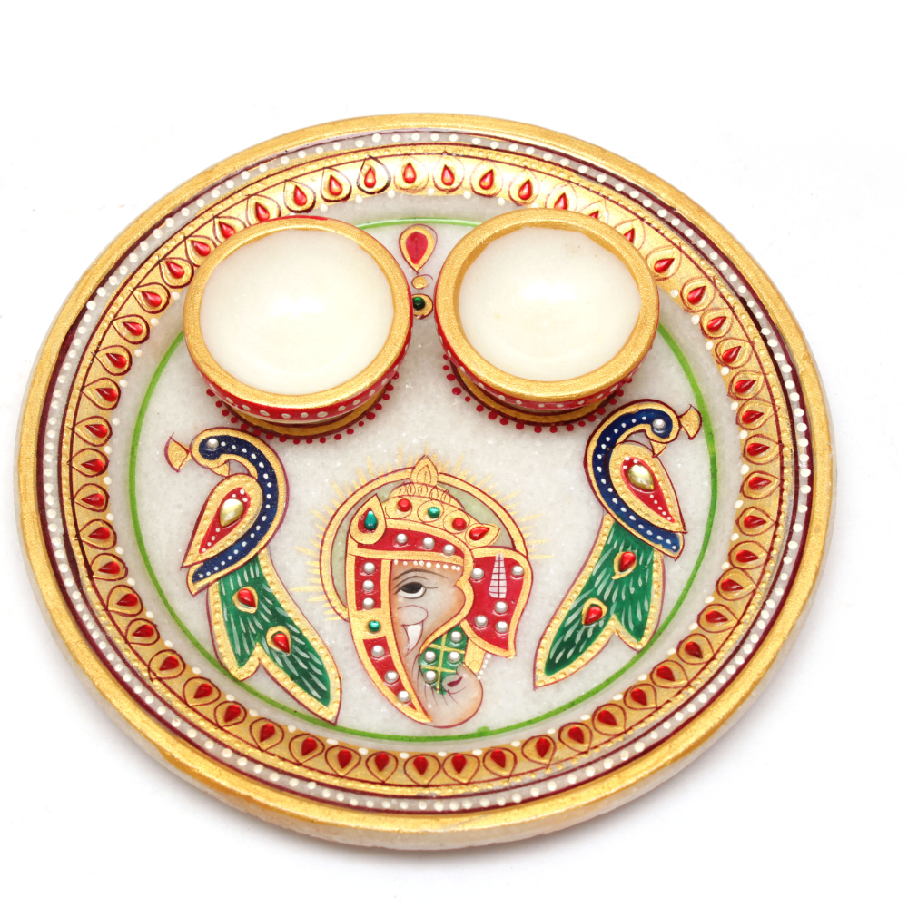 Designer Marble Pooja Thali - Color: Multi-color