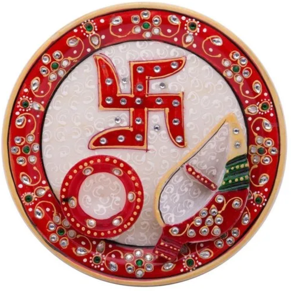 Designer Marble Pooja Thali - Color: Multi-color