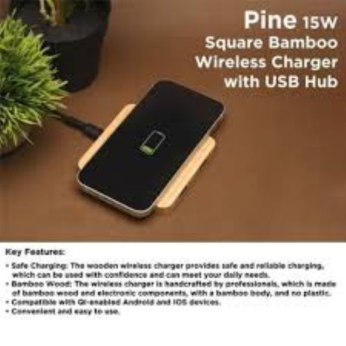 Pine 15W Square Bamboo Wireless Charger With USB Hub