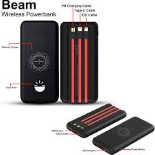 Beam Powerbank 10000m Ah with Wireless Charger Inbuilt Cables