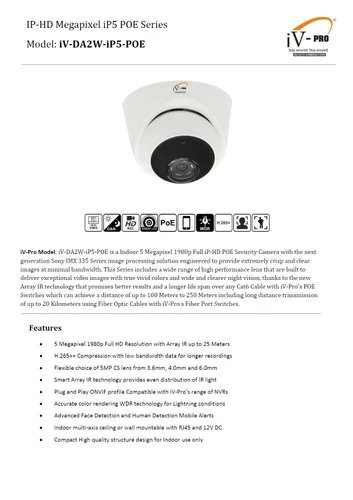 5 Mp Ip Dome Camera - Iv-da2w-ip5-poe - Application: Indoor
