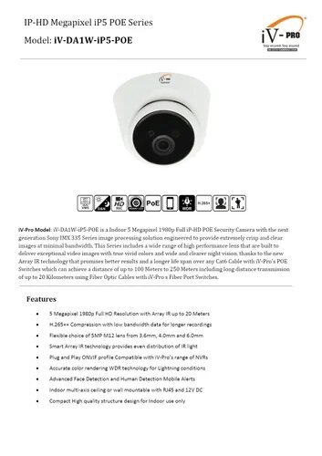 5 Mp Ip Dome Camera - Iv-da1w-ip5-poe - Application: Outdoor