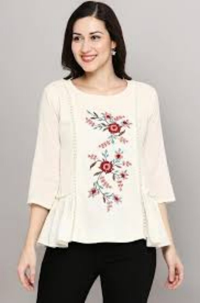 Ladies Embroidered Cotton Top - Color: White