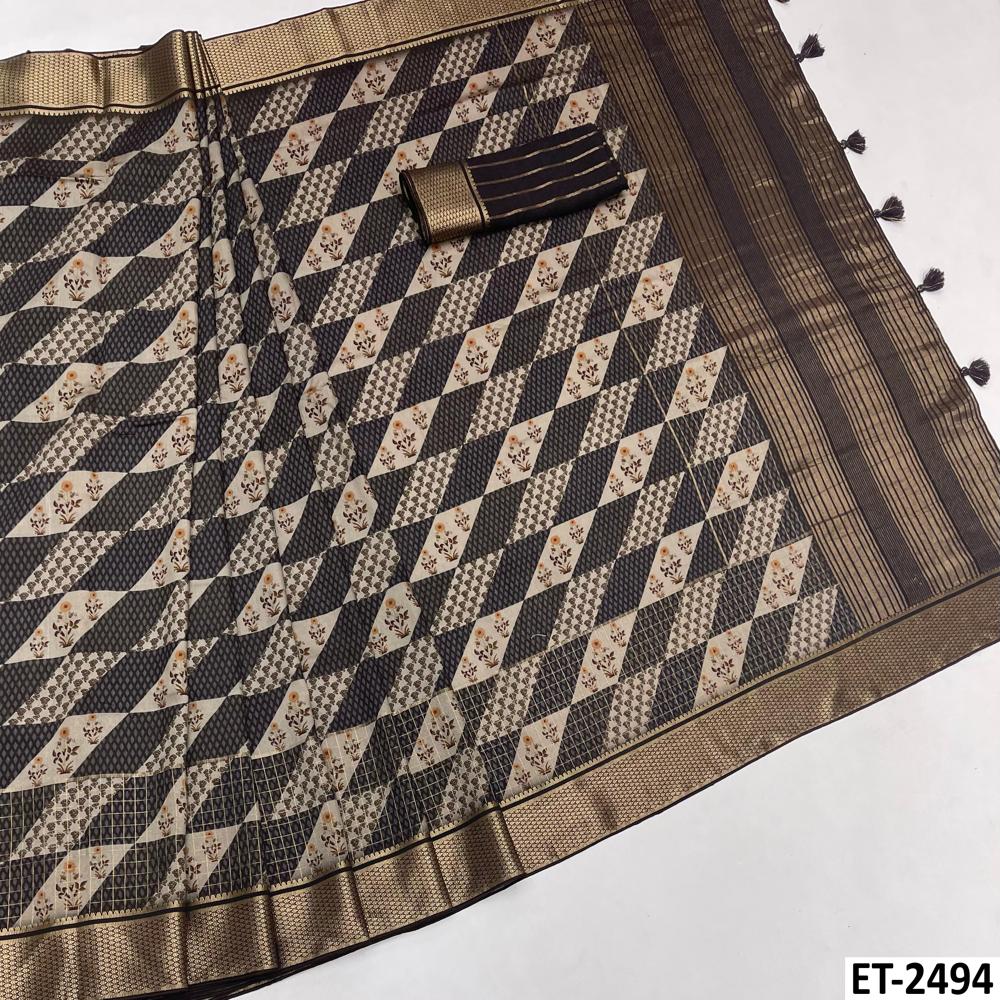 CHECKS CREAM AND BROWN CHANDERI SAREE