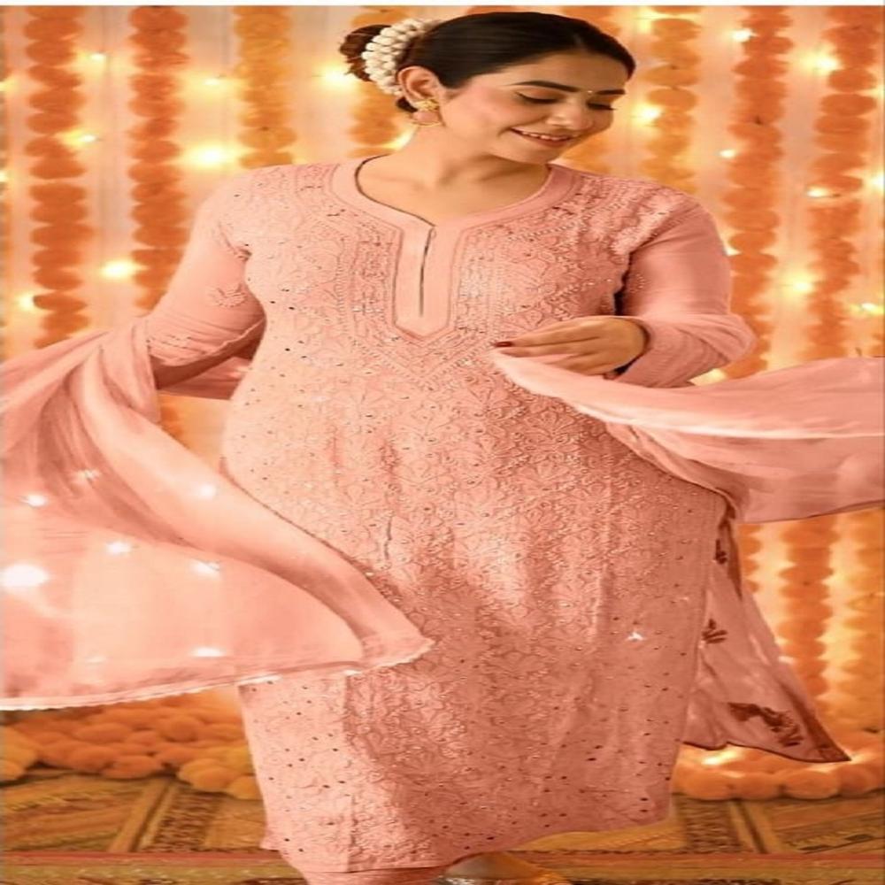 Designer Pakistani Salwar Suit - Faux Georgette & Georgette, Sizes S-xl | Pink, High Neck, Full Sleeves, Quick-dry, Embroidered Elegance