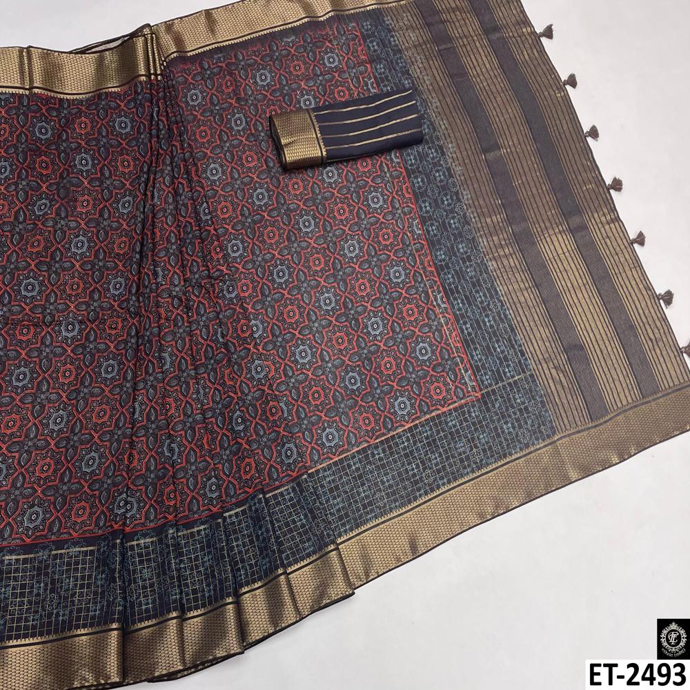 RED BLUE AJRAKH SAREE 