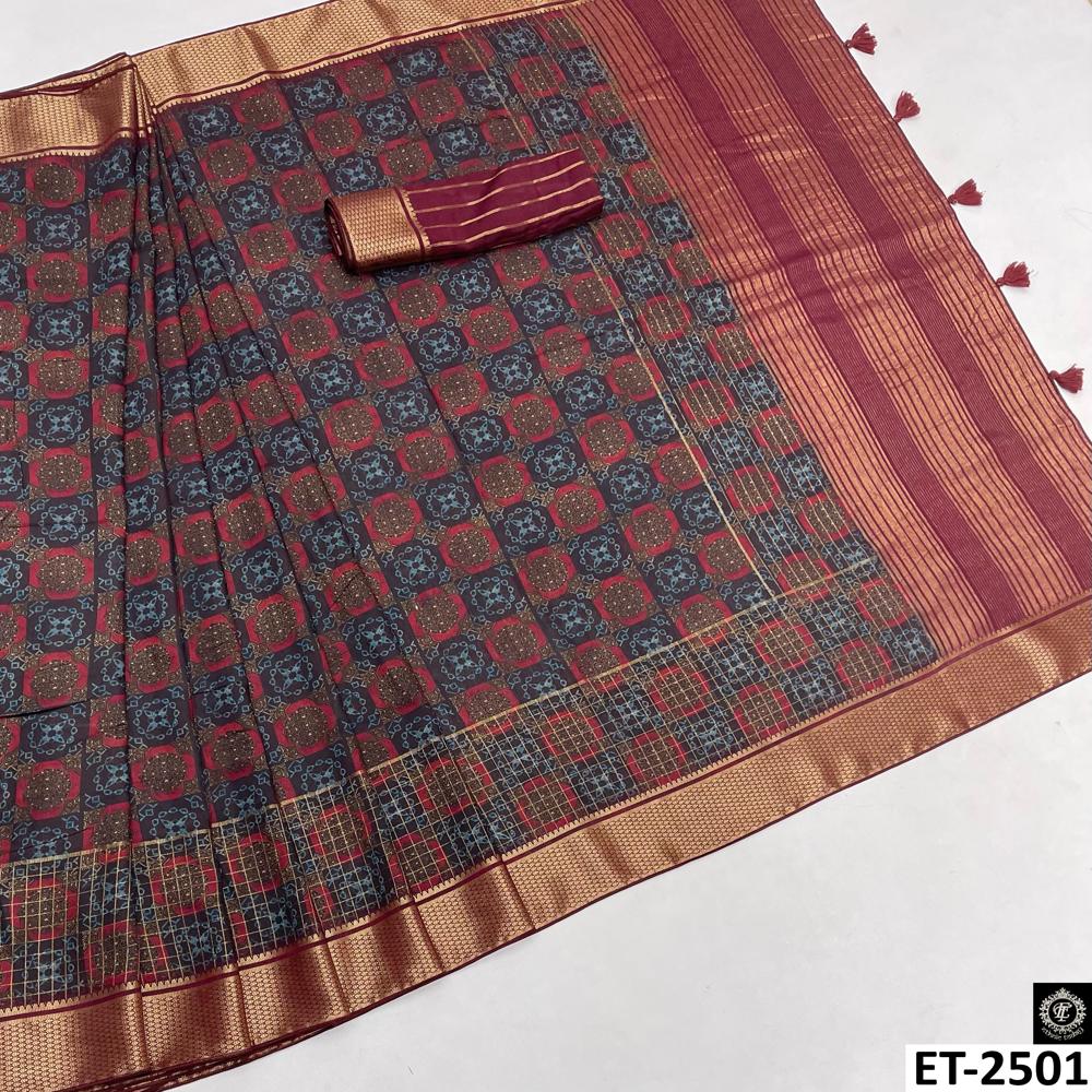 Red Rajasthani Saree - Color: Maroon & Navy Blue