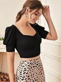 Polyester Casual Wear Black Polka Dot Puff Sleeve Crop Top