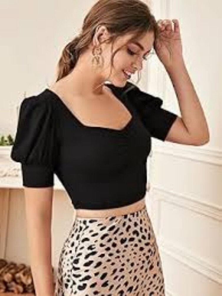 Polyester Casual Wear Black Polka Dot Puff Sleeve Crop Top