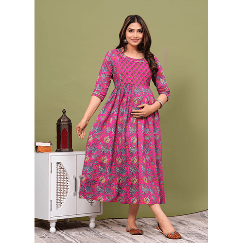 Jaipuri Print Feeding Friendly Flared Maternity Anarkali Kurti - Color: Multicolor
