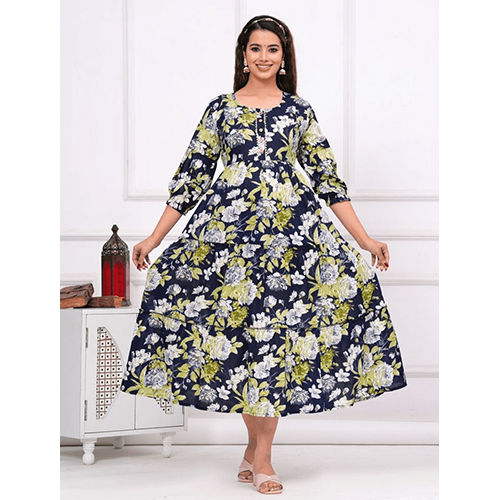 Navy Blue Floral Maternity Anarkali Dress - Color: Multicolor