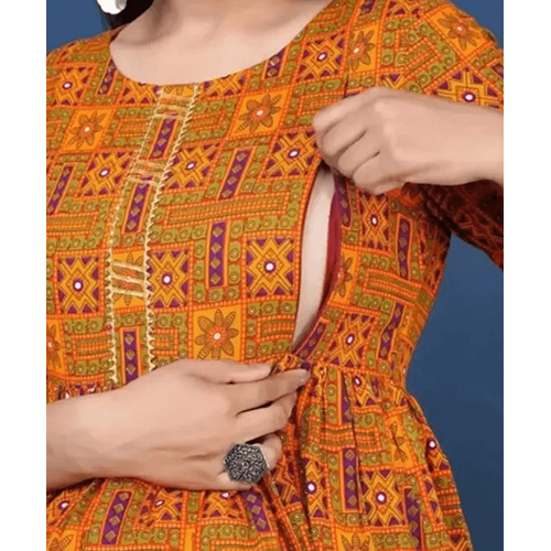 Vibrate Orange Ethnic Print Maternity And Feeding Dress With Concealed Ziper