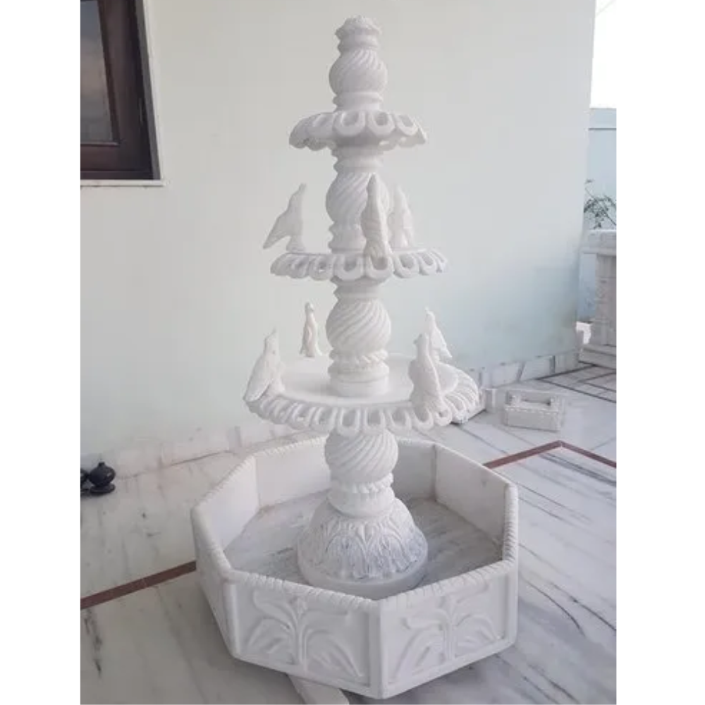 Makrana Marble White Carving Water Fountain - Pool Size: Large