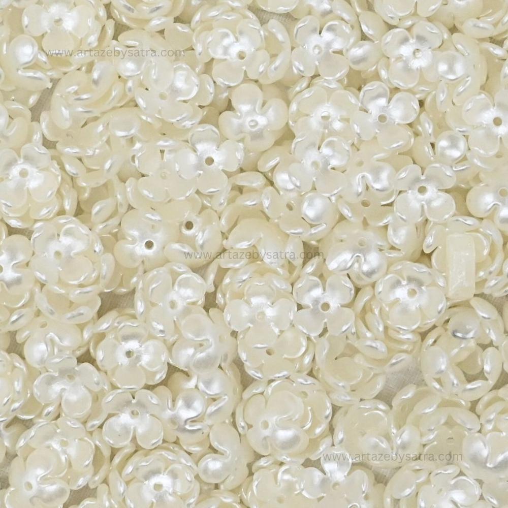 1 Hole Flower Pearlized Beads - 12mm Iridescent White, Single Center Hole, Glossy Finish, Bulk Pack