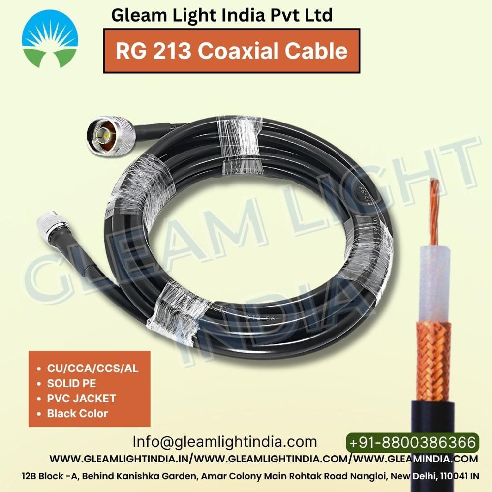 Rg213 Coaxial Cable - Copper Solid Conductor, 50 Ohm Impedance, 9 Db Attenuation At 1 Ghz, Pvc Jacket, Black, Warranty Included | Industrial Applications, Round Shape, Brown Connector
