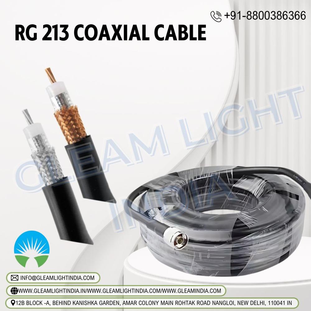 Rg213 Coaxial Cable - Copper Solid Conductor, 50 Ohm Impedance, 9 Db Attenuation At 1 Ghz, Pvc Jacket, Black, Warranty Included | Industrial Applications, Round Shape, Brown Connector