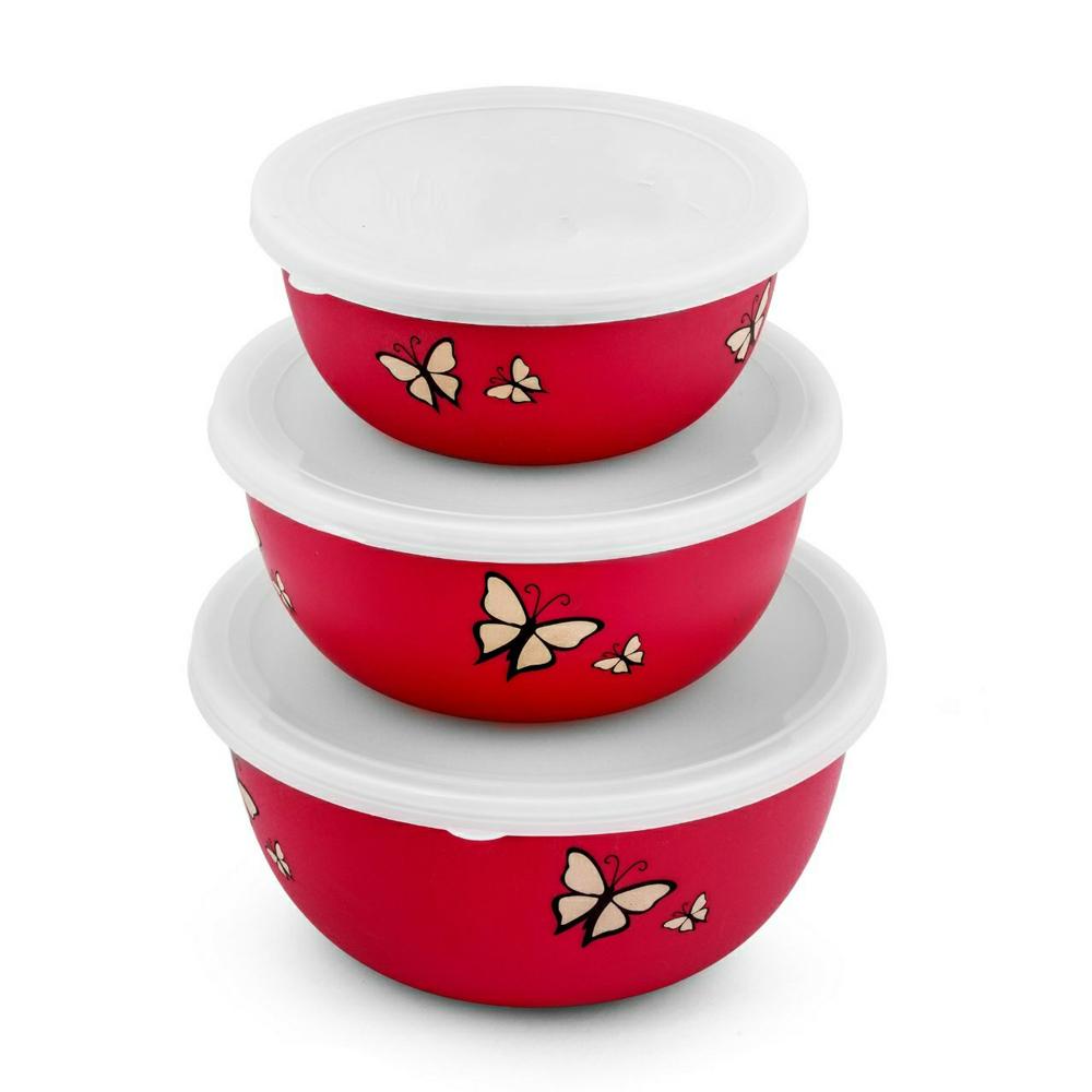 Microwave Safe Stainless Steel Desinger Euro Bowl Set Of 3 - Color: Red