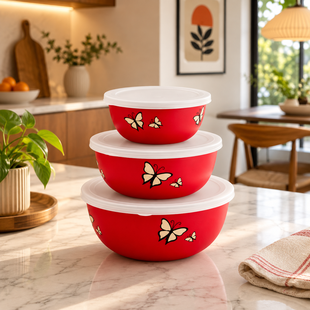 Microwave Safe Stainless Steel Desinger Euro Bowl Set Of 3 - Color: Red
