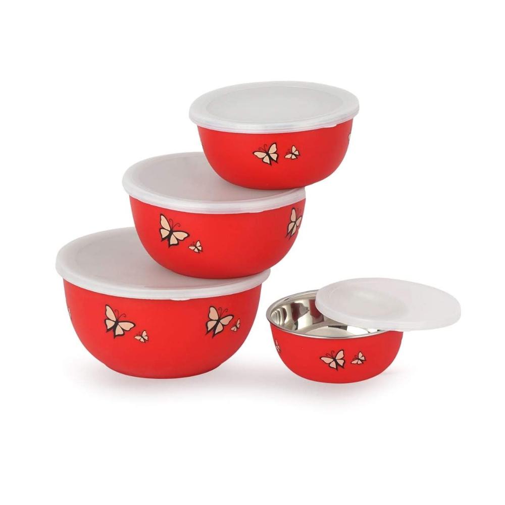 Microwave Safe Stainless Steel Desinger Euro Bowl Set Of 4 - Color: Red
