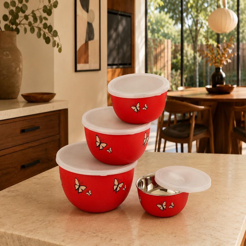 Microwave Safe Stainless Steel Desinger Euro Bowl Set Of 4 - Color: Red