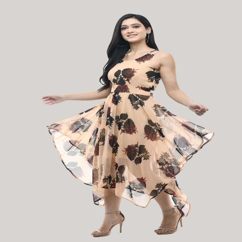 Midi Womens Yellow Georgette Floral Layered Dress