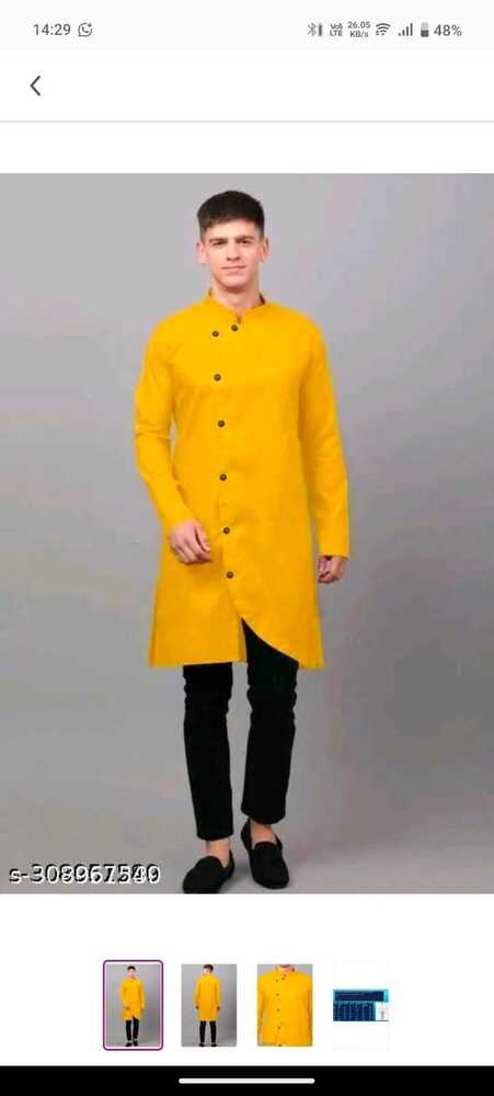 Mens Kurta - Cotton Mix Fabric, Sizes M To Xxl, Yellow Color, Long Sleeves, Features Breathable And Washable, Heavy Party Wear Design