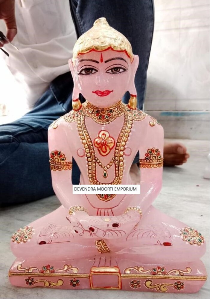 Handmade Marble Rose Quartz Jain Idol - Color: Multicolor