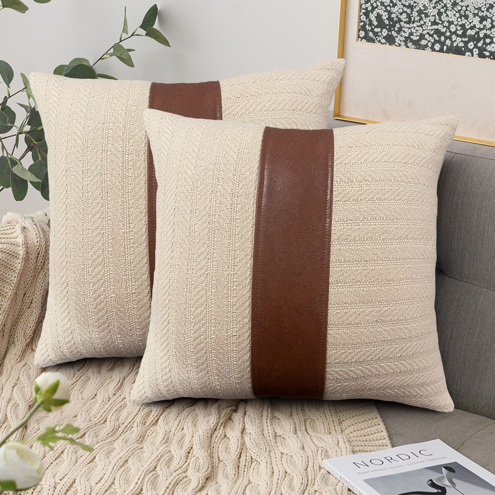 Premium Leather Cushion Covers - Color: Beige & Tan Brown
