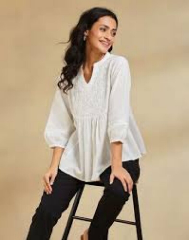 White Regular Fit Ladies Cotton Top - Design: Designer