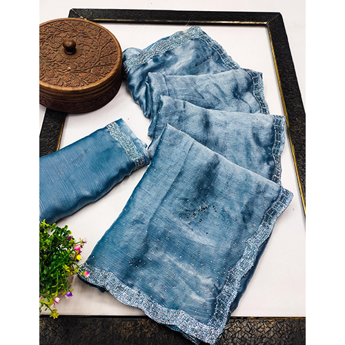 Fendi Chiffon Saree With Beautiful Cutwork Viral Lace With Siroski All Over - Color: Blue