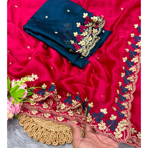 Satin Chiffon Fabric With C-Pallu Heavy Embroidary Work With Contrast Heavy Embroidary Blouse - Color: Red