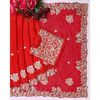 Premium Fendi Chiffon Saree With Coding Sequence And Thread Work With Heavy Blouse, - Color: Red