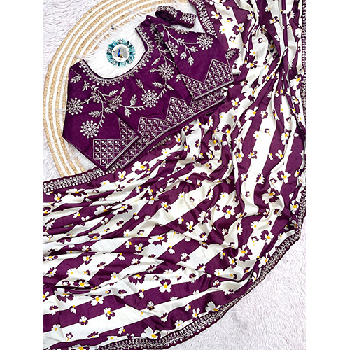 Pure  Natural Chinon Silk Saree With Elegant Print Design On All Over The Saree ,Rich Elegant Lace On Either Side - Color: Multicolor