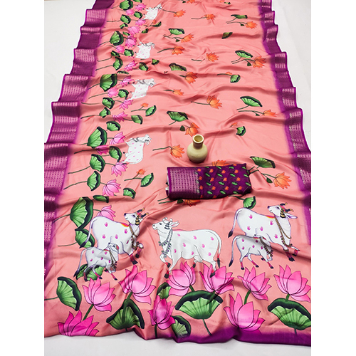 Dola Silk Marshmallow Saree With Beautiful Cow Design With Kalamari Design Digital Print Saree - Color: Multicolor