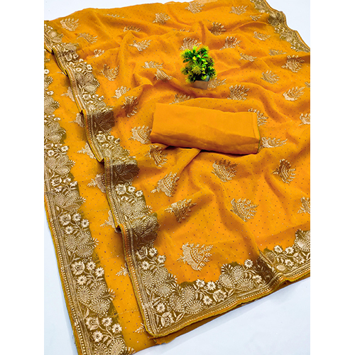 Premium Simmer Saree With Beautiful Heavy Emboridery Work With Bell Design On Body With Siroski Work All Over - Color: Multicolor