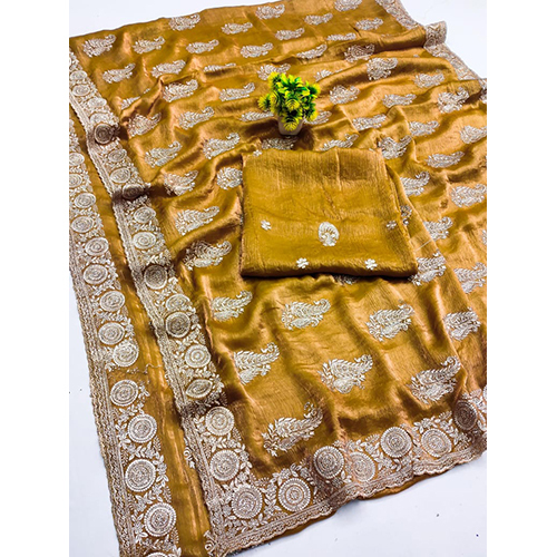 Fendi Gold Saree With Beautiful Emboridery Work With Heavy Butha Design - Color: Multicolor