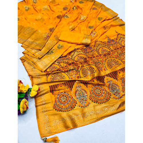 Premium Italian Dola Silk Saree With Heavy Meenakari Design With Jarkan And Dmc Work With Tassels