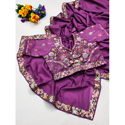 Fancy Premium Chocolate Saree With Beautiful Thread And Sequence Work At Border With Stitched Heavy Blouse