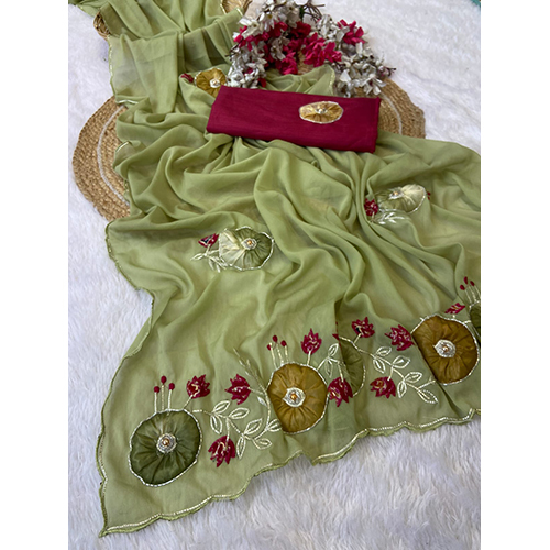 Heavy Star Georgette With Digital Print Flower And Thread Work And Khatli Work With Moti  With Aarco Lace Border With Contrast Gajji Silk Work Blouse