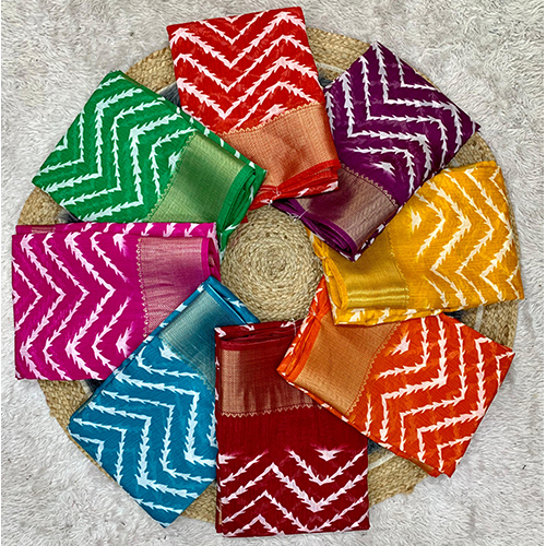 Linen Cotton Saree With Crystal Dobby With Laheria Print - Color: Multicolor