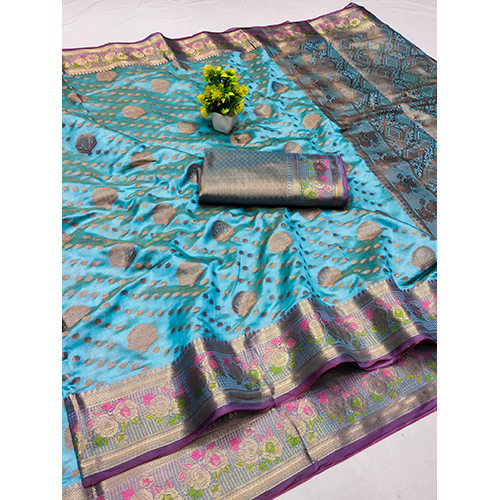 Simmer Organza Saree With Mennakari Work With Beautiful Design - Color: Multicolor