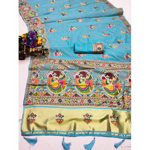 Premium Lichi Pashmina Silk Saree With Beautiful Grand Pallu With Jaree Patta With Heavy Menakari Work On Body With Patli Work And Buti Blouse - Color: Multicolor