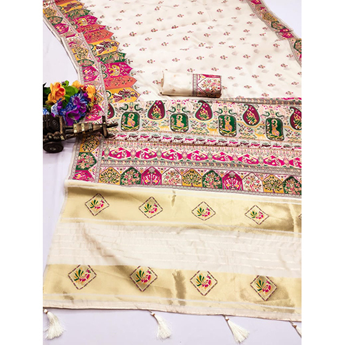 Premium Lichi Pashmina Silk Saree With Beautiful Grand Pallu With Jaree Patta With Heavy Menakari Work On Body With Patli Work And Buti Blouse - Color: Multicolor