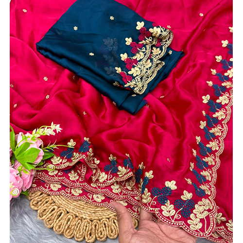 Satin Chiffon Fabric With C-Pallu Heavy Embroidary Work With Contrast Heavy Embroidary Blouse - Color: Multicolor