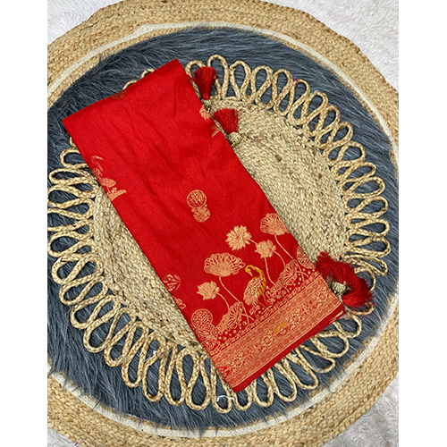 Premium Italain Dola Silk Saree With Beautiful Open Pallu With Peacock Design With Heavy Tassels - Color: Red