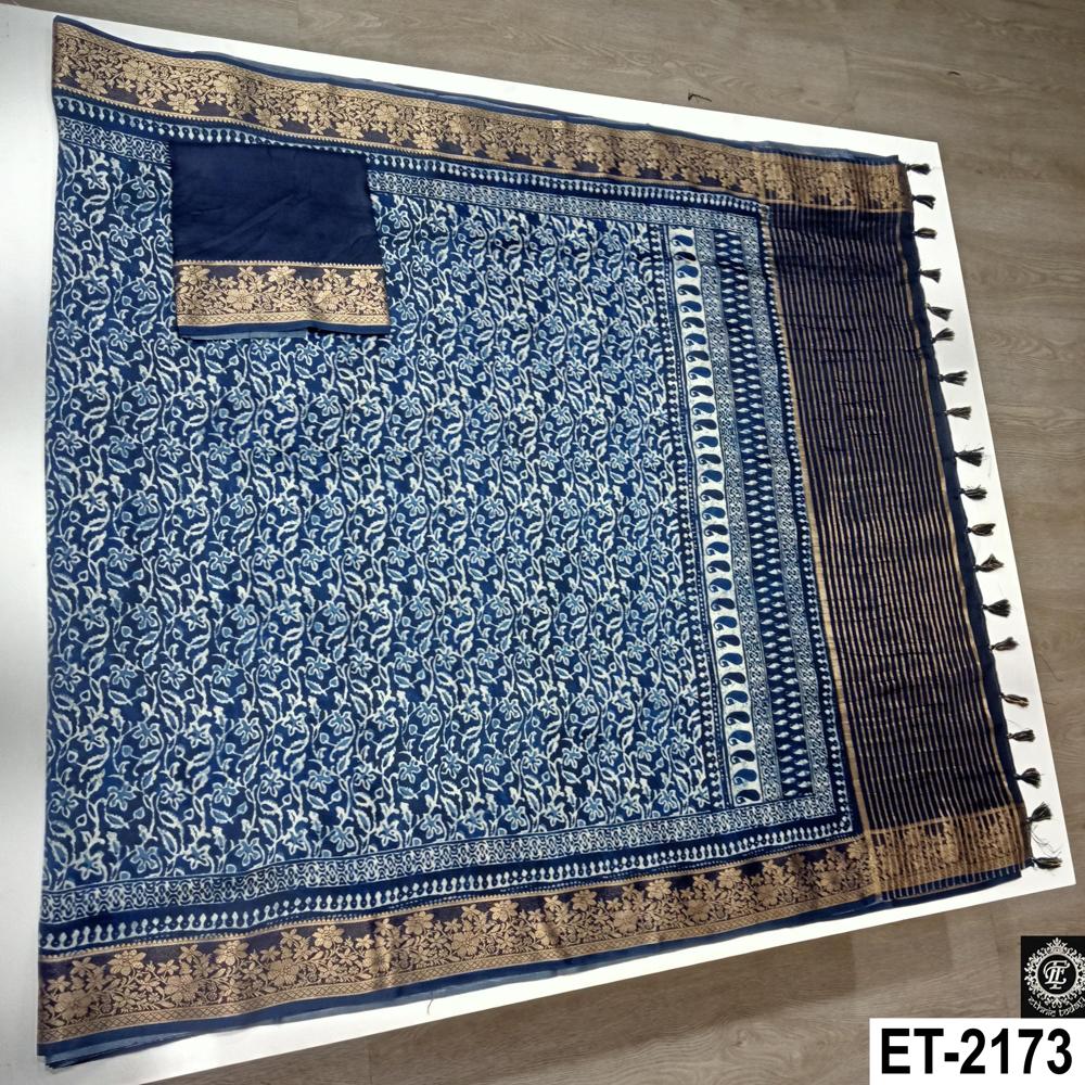 Silk Blue Vine Floral Viscose Chit Pallu Saree